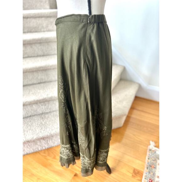 Vintage Coldwater Creek Olive Green Embroidered Maxi Peasant Skirt - Picture 4 of 7